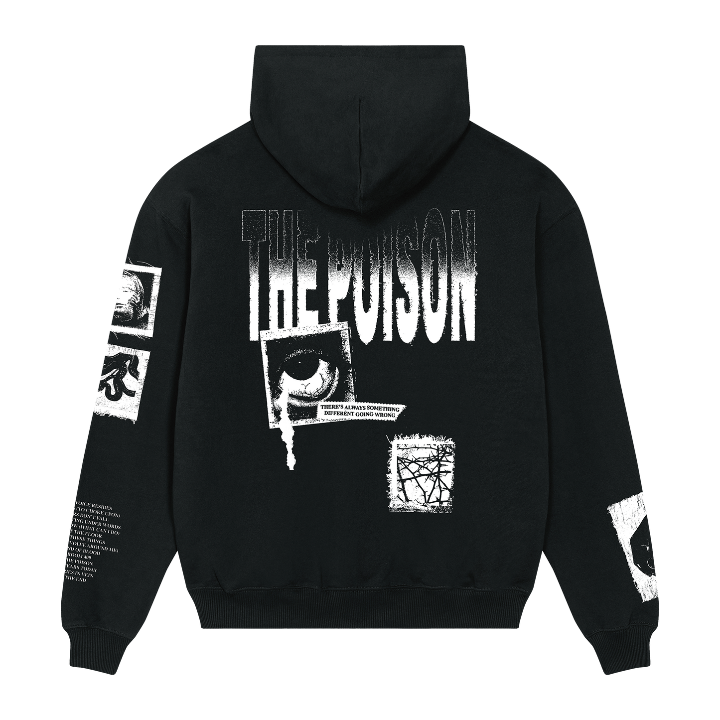 Black unisex regular fit hoodie with a white Bullet for My Valentine text and collage print across the front, black and white collage prints along the sleeves, and a 'The Poison' text and collage print across the back.
