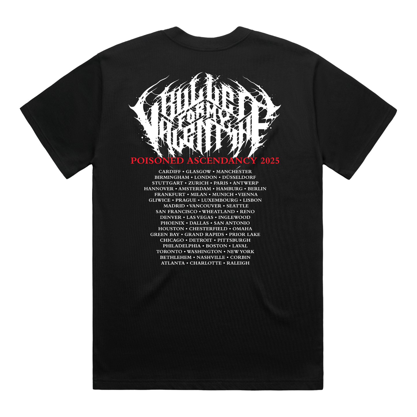 Black unisex short-sleeve regular fit T-Shirt featuring a Bullet for My Valentine logo print and a print of a woman across the front, and 2025 world tour dates across the back