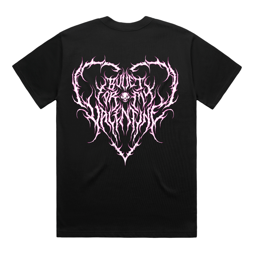 Black unisex short-sleeve regular fit T-shirt with a pink Bullet for My Valentine heart print on the right-hand side of the chest and across the back.
