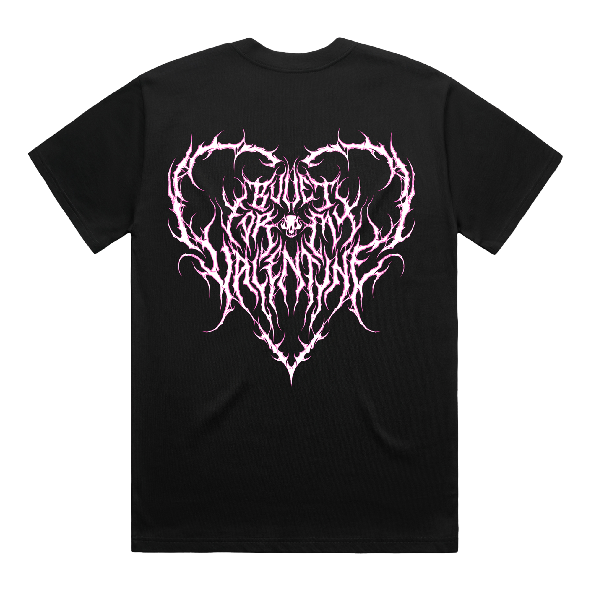 Black unisex short-sleeve regular fit T-shirt with a pink Bullet for My Valentine heart print on the right-hand side of the chest and across the back.