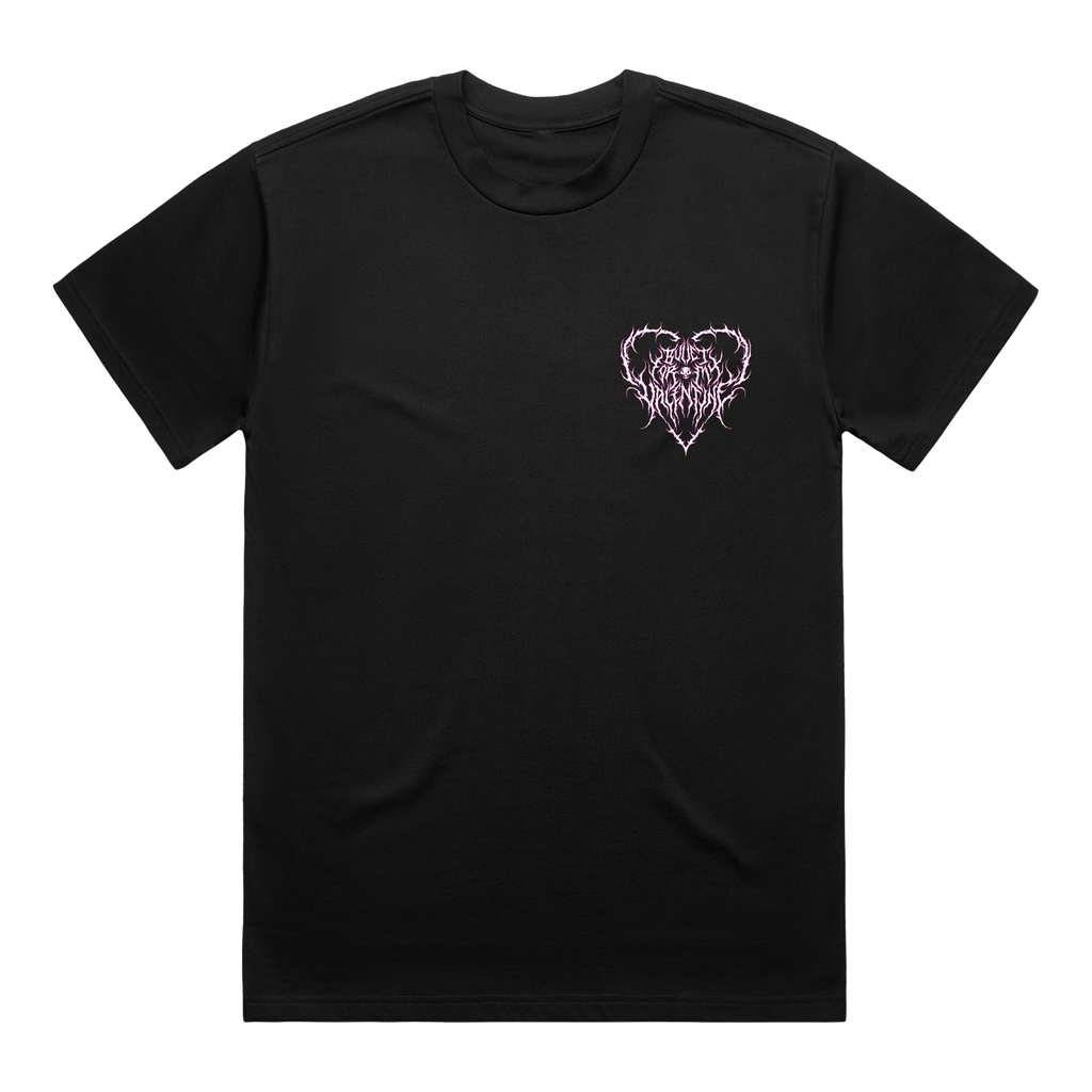 Black unisex short-sleeve regular fit T-shirt with a pink Bullet for My Valentine heart print on the right-hand side of the chest and across the back.
