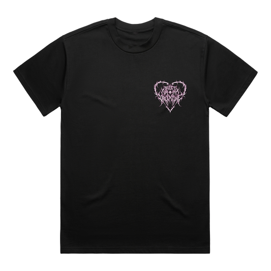 Black unisex short-sleeve regular fit T-shirt with a pink Bullet for My Valentine heart print on the right-hand side of the chest and across the back.