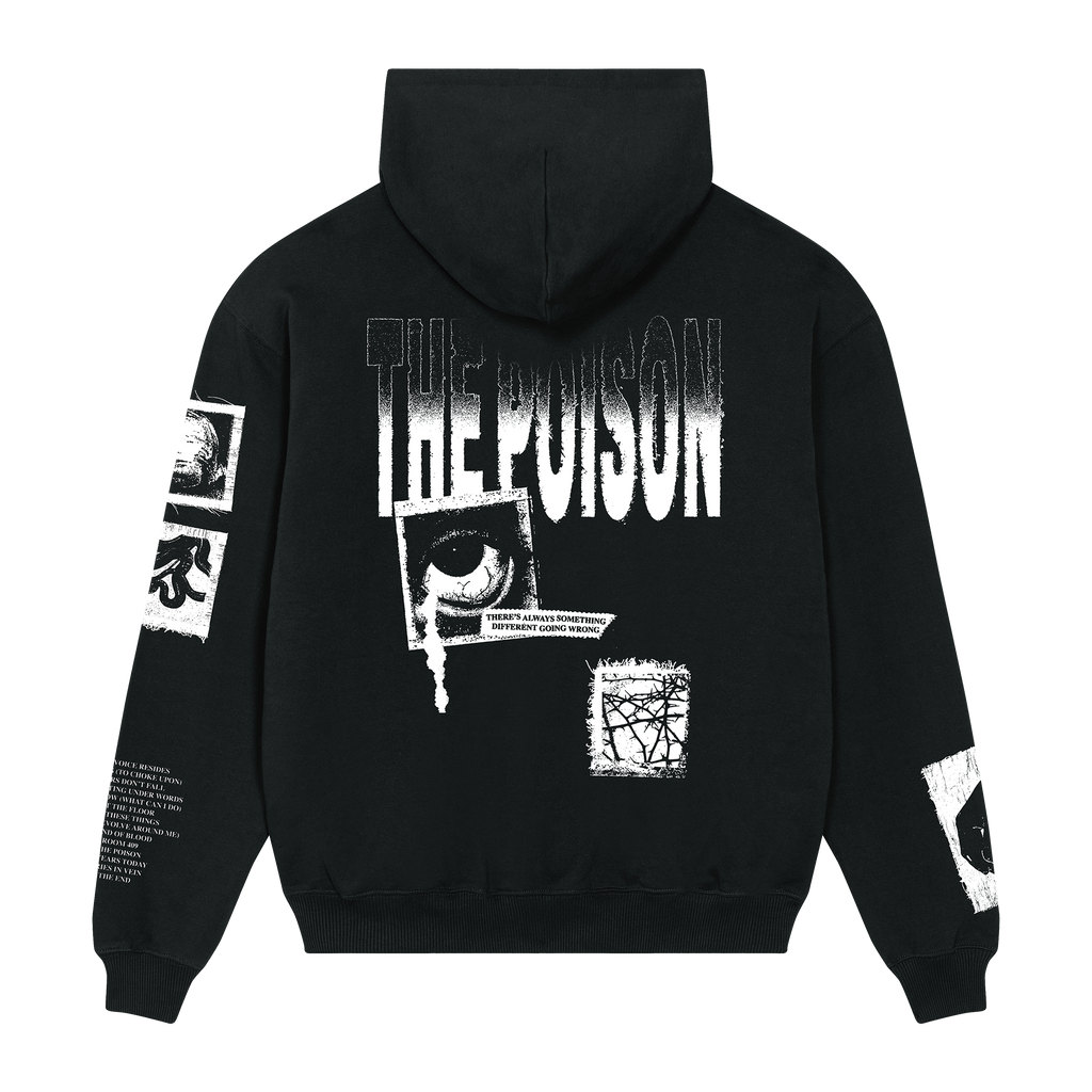 Black unisex regular fit hoodie with a white Bullet for My Valentine text and collage print across the front, black and white collage prints along the sleeves, and a 'The Poison' text and collage print across the back.