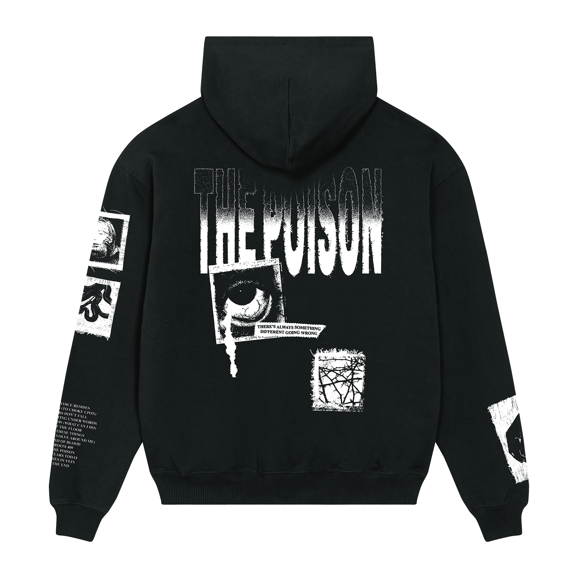 Black unisex regular fit hoodie with a white Bullet for My Valentine text and collage print across the front, black and white collage prints along the sleeves, and a 'The Poison' text and collage print across the back.