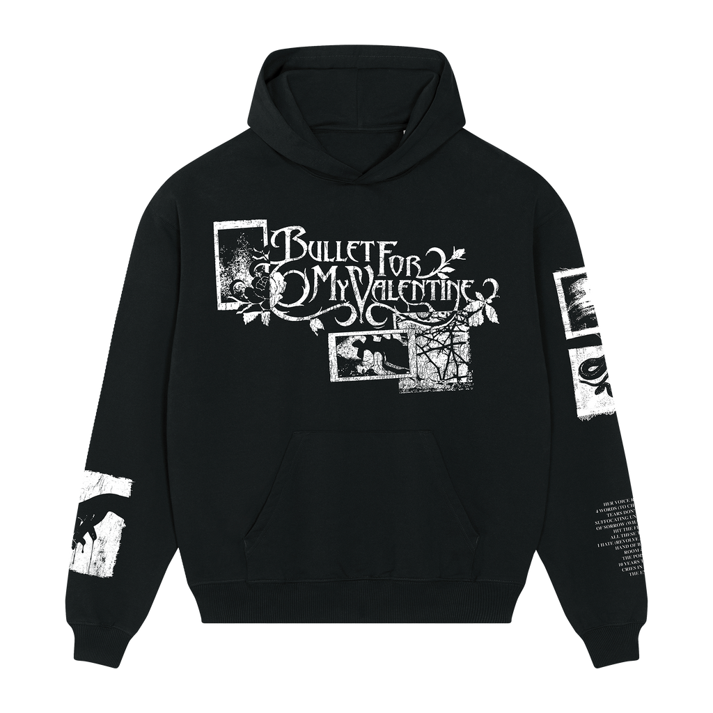 Black unisex regular fit hoodie with a white Bullet for My Valentine text and collage print across the front, black and white collage prints along the sleeves, and a 'The Poison' text and collage print across the back.