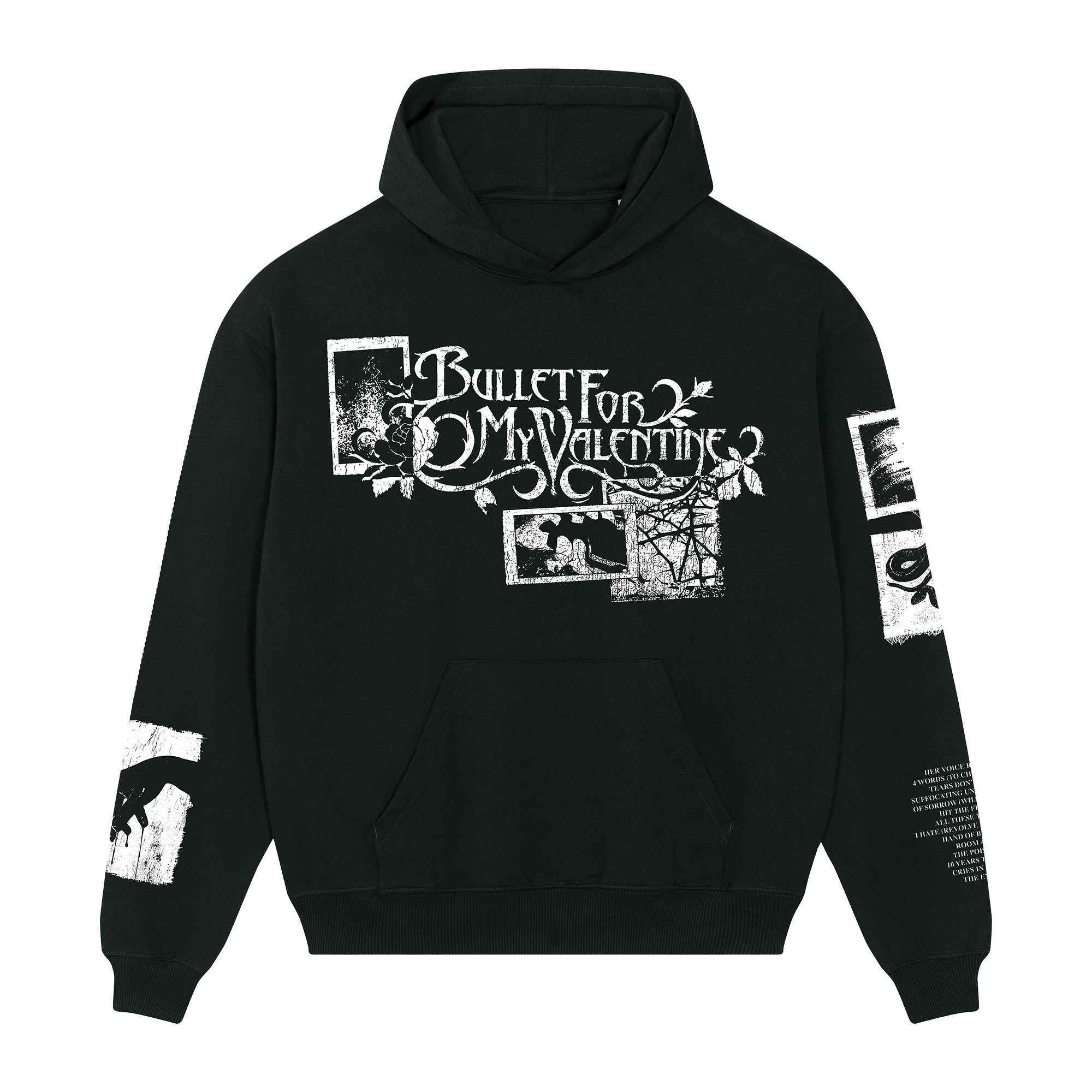 Black unisex regular fit hoodie with a white Bullet for My Valentine text and collage print across the front, black and white collage prints along the sleeves, and a 'The Poison' text and collage print across the back.