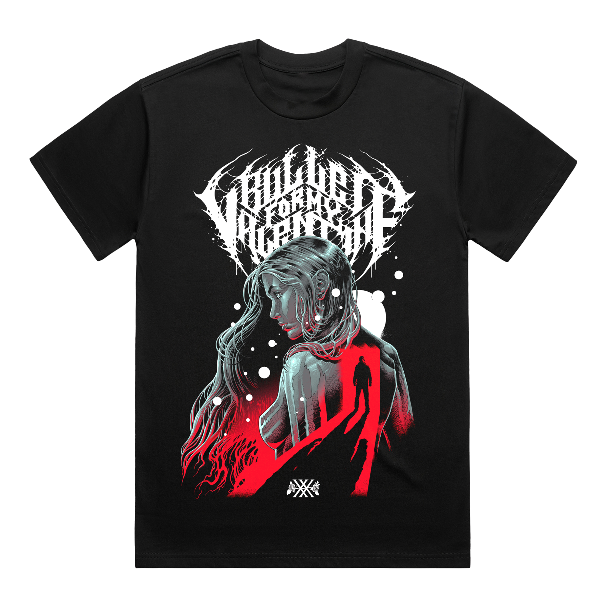 Black unisex short-sleeve regular fit T-Shirt featuring a Bullet for My Valentine logo print and a print of a woman across the front, and 2025 world tour dates across the back