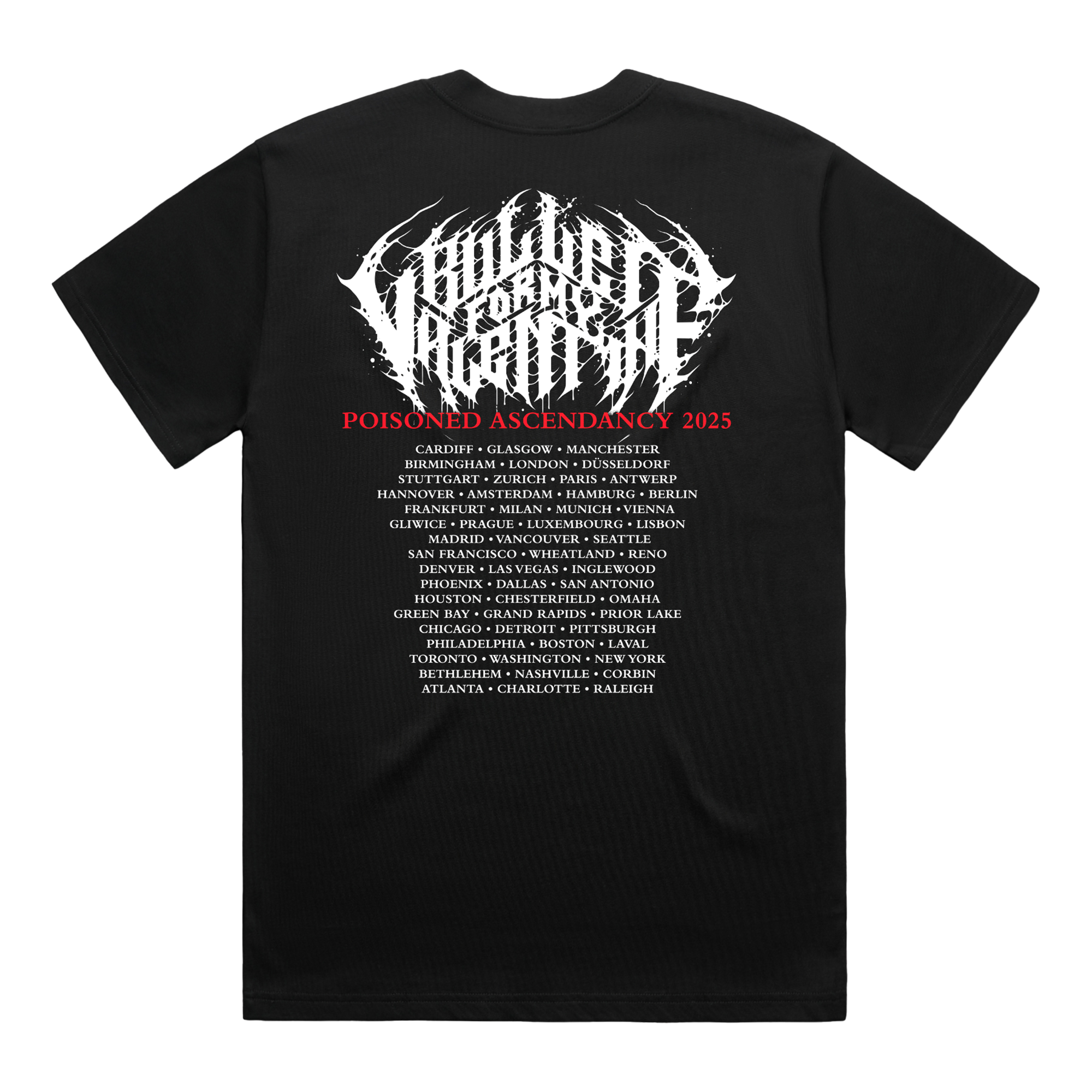 Black unisex short-sleeve regular fit T-Shirt featuring a Bullet for My Valentine logo print and a print of a woman across the front, and 2025 world tour dates across the back