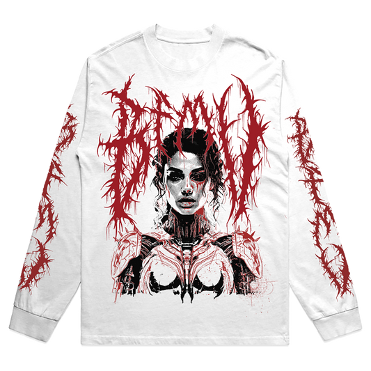 White unisex long-sleeve regular fit T-shirt with a red 'BFMV' thorn print and a black and white photo print of a woman across the front, and red BFMV thorn prints along both sleeves.